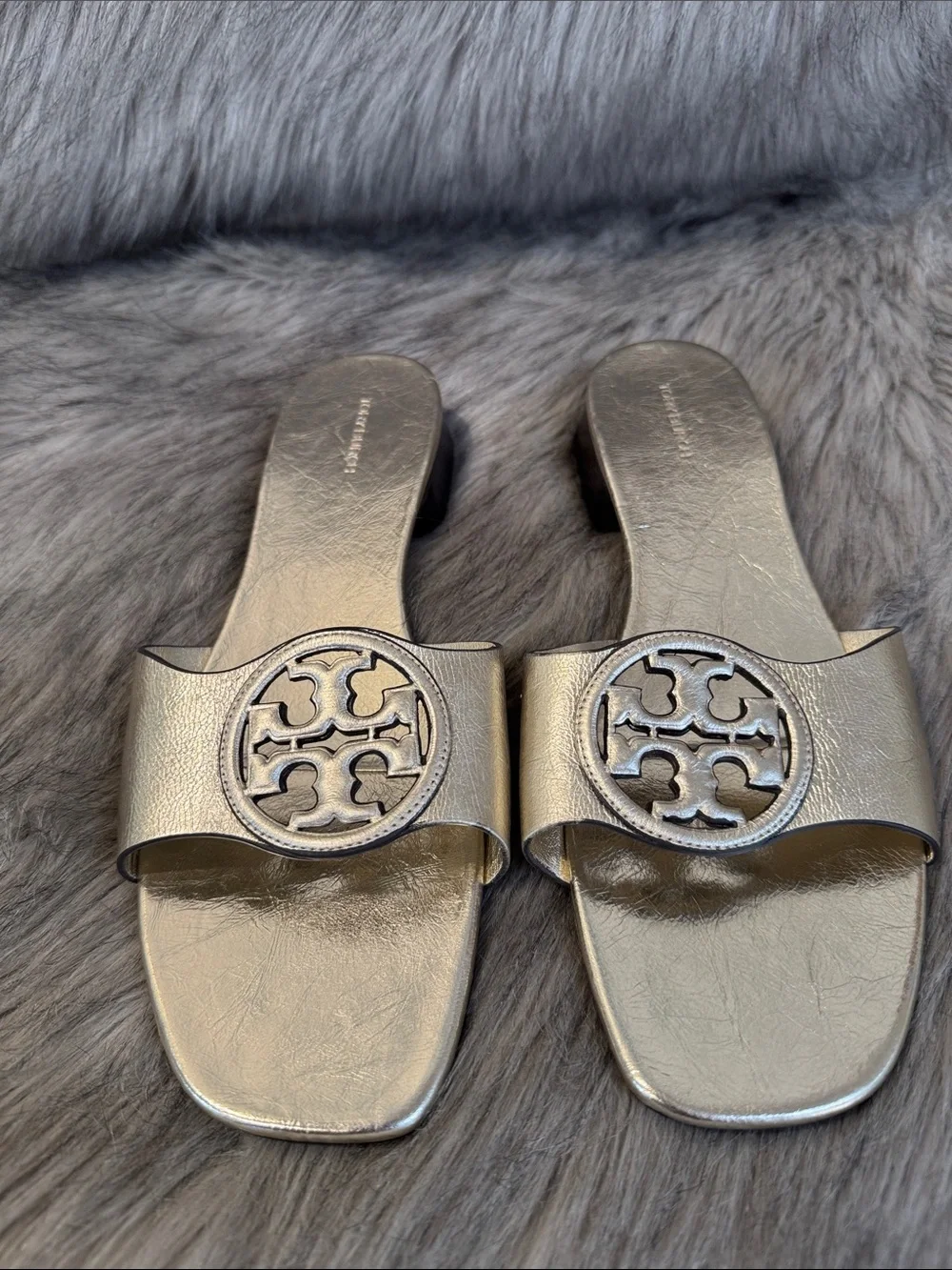 Tory Burch Metallic Gold Logo Slide Sandals Size 12